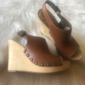 Sam Edelman Camilla brown leather wood wedge heel